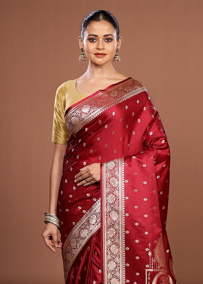 Maroon Banarasi Silk Saree With Blouse Piece