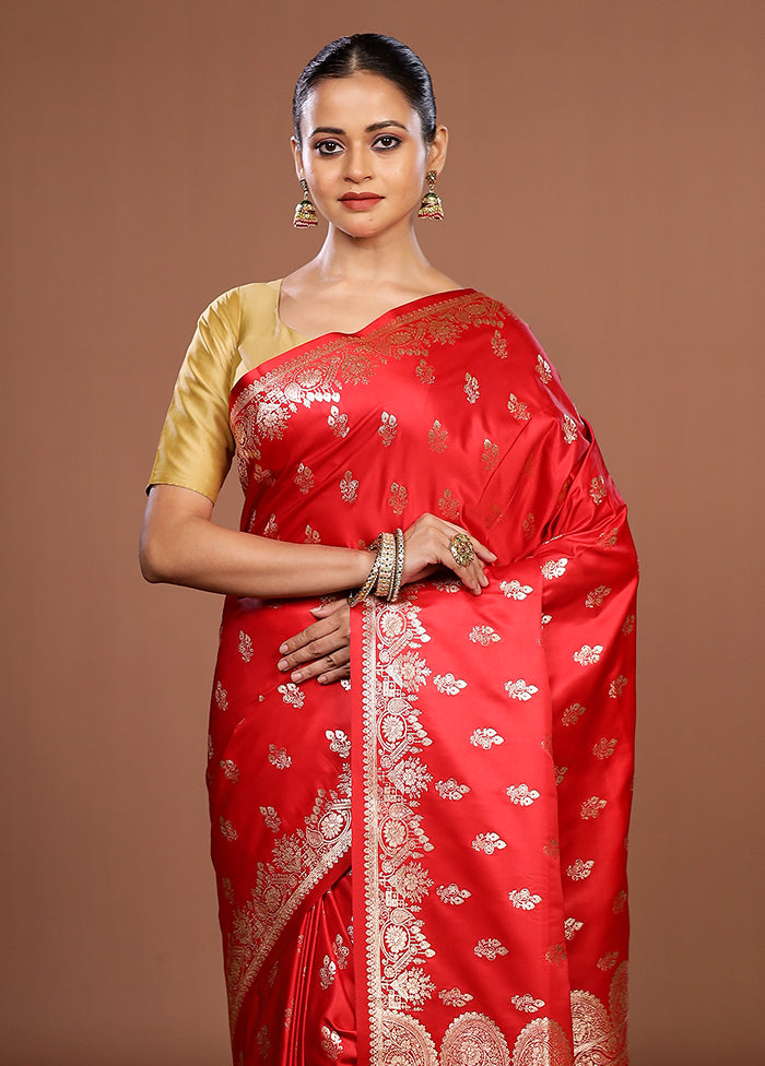 Red Banarasi Silk Saree With Blouse Piece