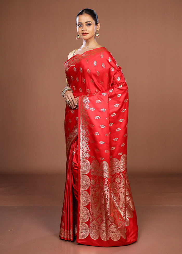 Red Banarasi Silk Saree With Blouse Piece