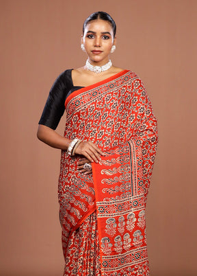 Orange Printed Pure Silk Saree Without Blouse Piece