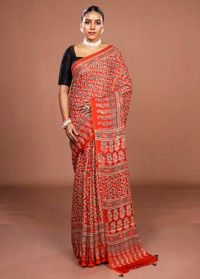 Orange Printed Pure Silk Saree Without Blouse Piece