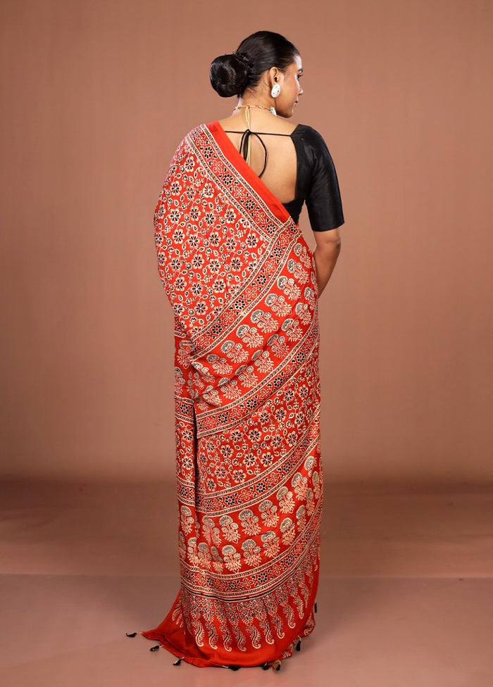Orange Printed Pure Silk Saree Without Blouse Piece