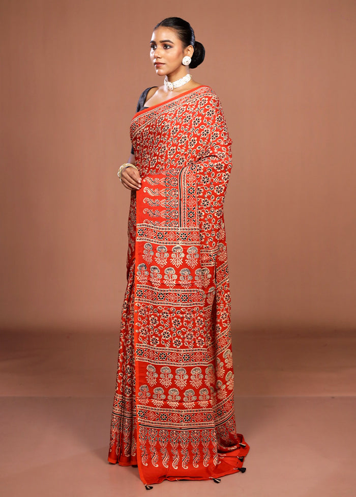 Orange Printed Pure Silk Saree Without Blouse Piece