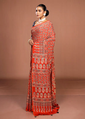 Orange Printed Pure Silk Saree Without Blouse Piece