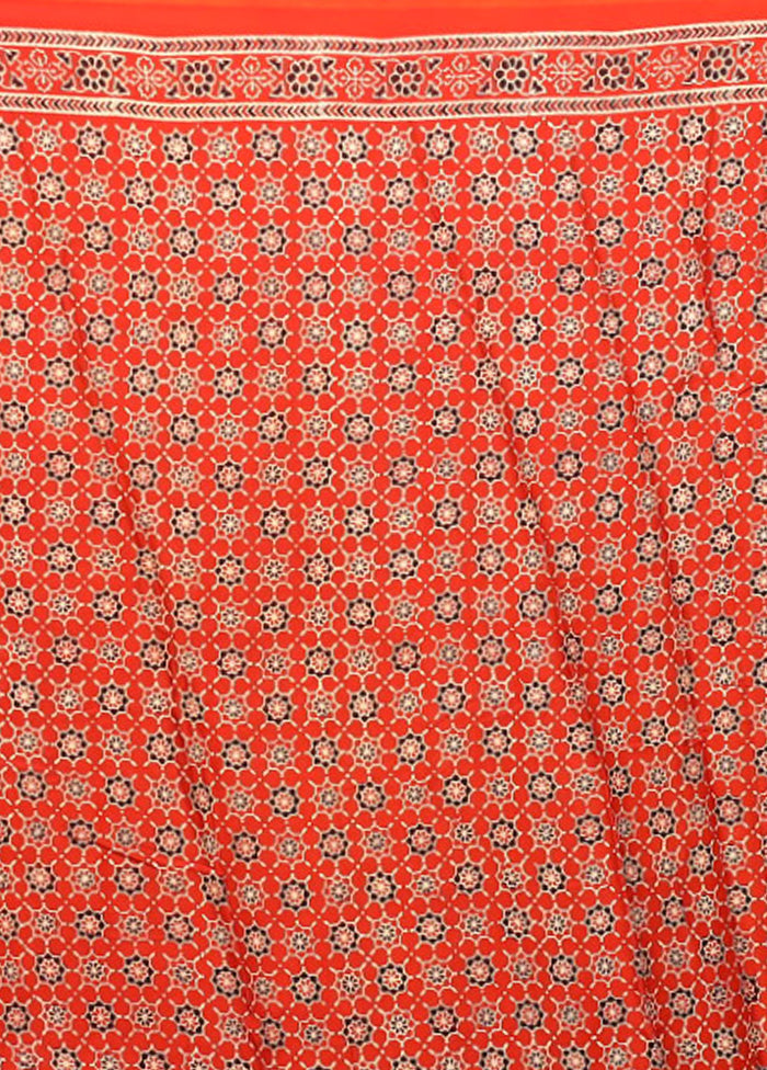 Orange Printed Pure Silk Saree Without Blouse Piece