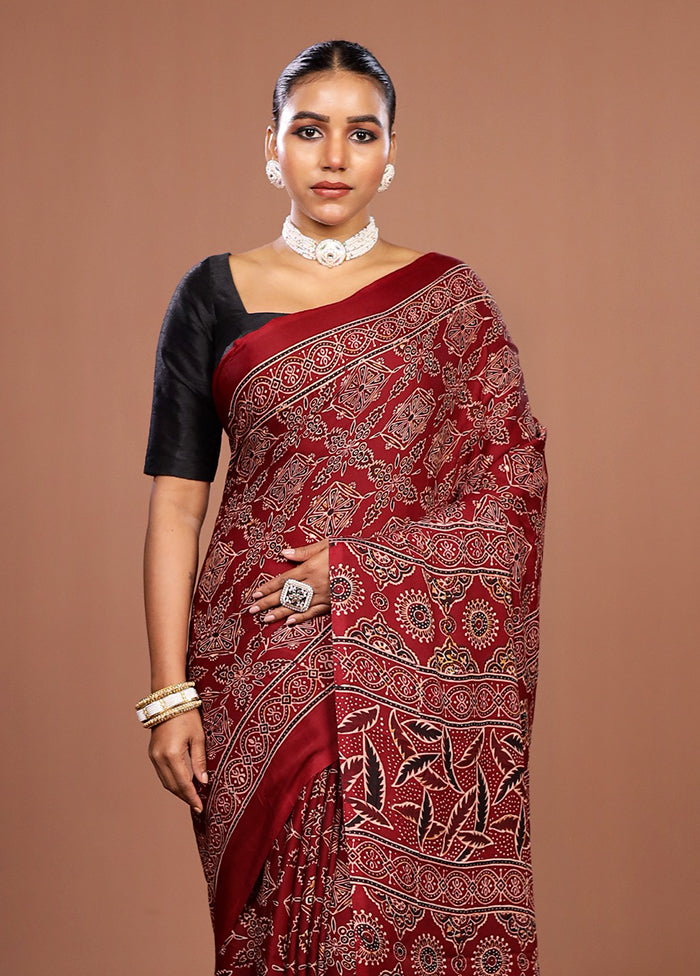 Maroon Printed Pure Silk Saree Without Blouse Piece