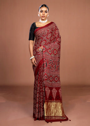 Maroon Printed Pure Silk Saree Without Blouse Piece