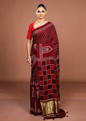 Maroon Printed Pure Silk Saree Without Blouse Piece