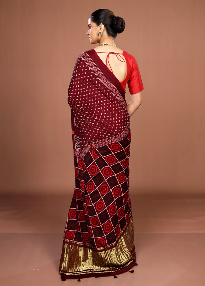 Maroon Printed Pure Silk Saree Without Blouse Piece