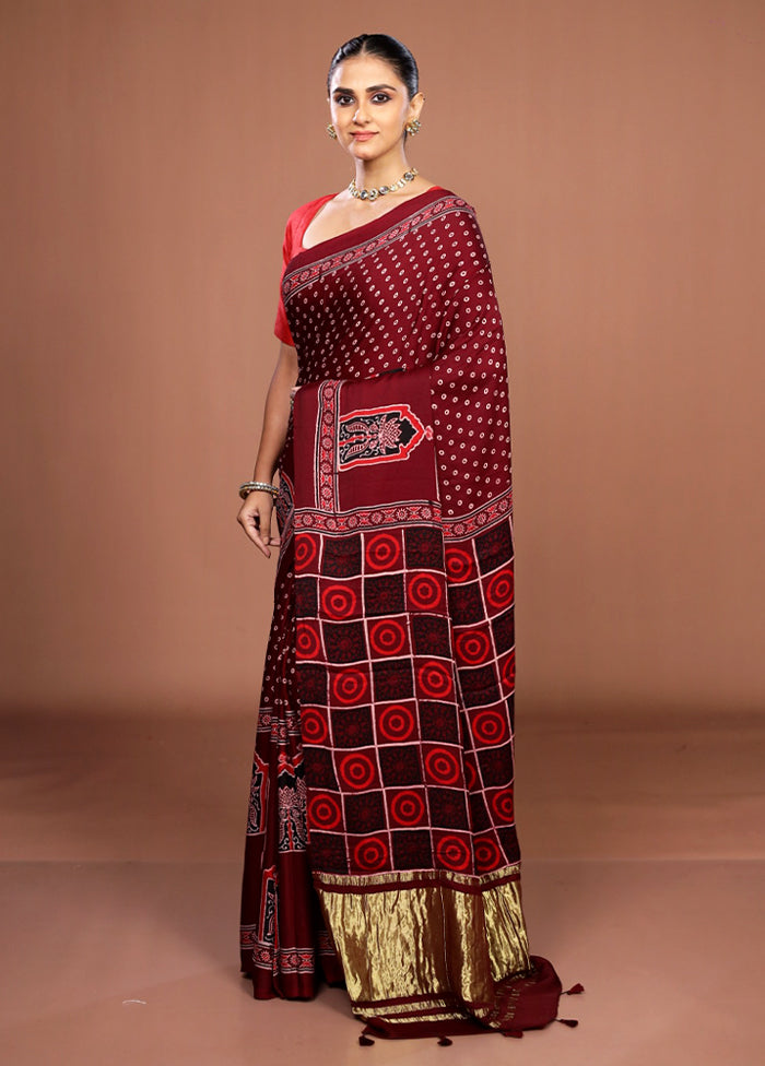 Maroon Printed Pure Silk Saree Without Blouse Piece