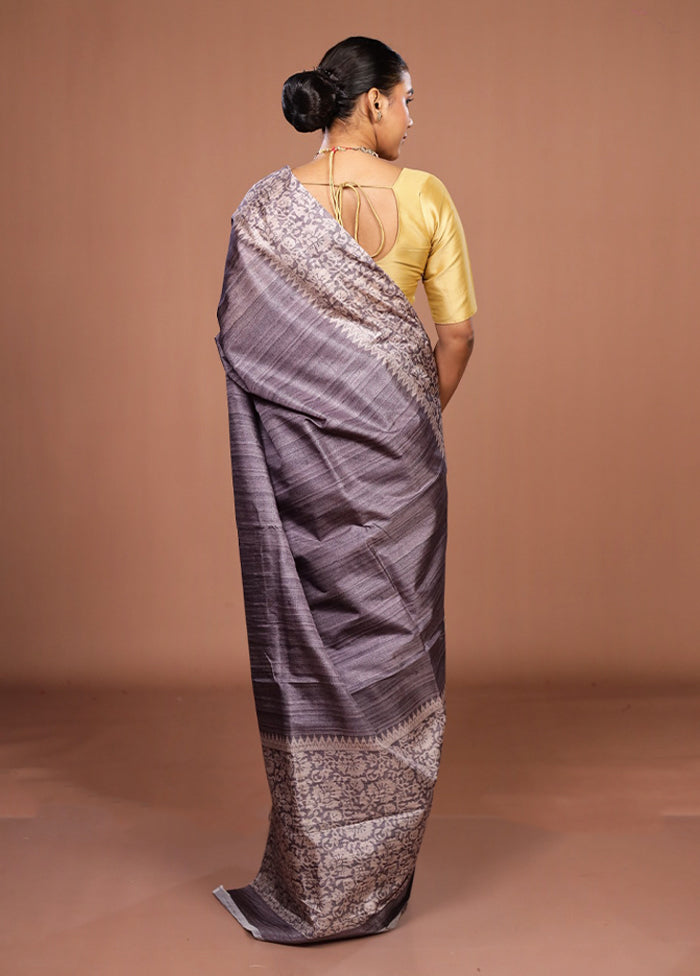 Grey Tussar Silk Saree With Blouse Piece