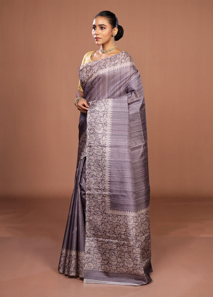 Grey Tussar Silk Saree With Blouse Piece