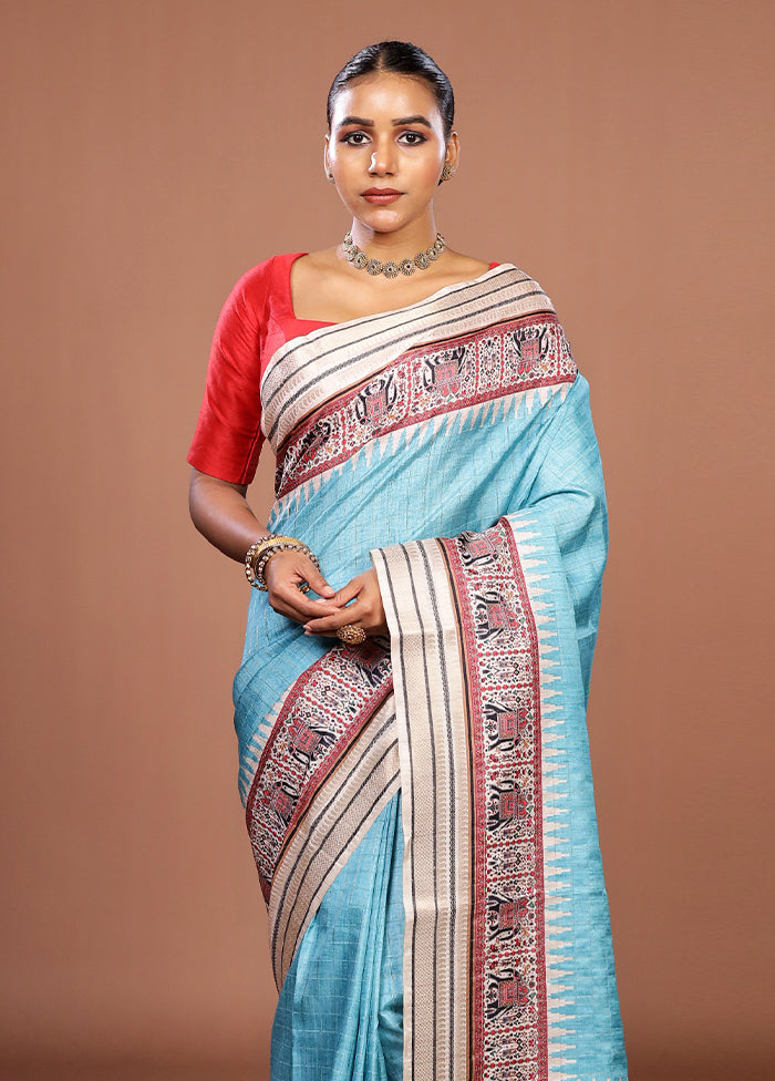 Blue Tussar Silk Saree With Blouse Piece