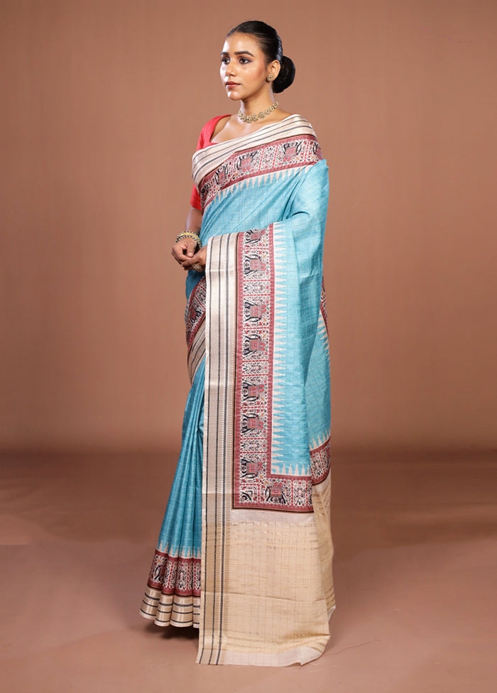 Blue Tussar Silk Saree With Blouse Piece