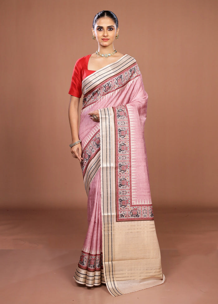 Pink Tussar Silk Saree With Blouse Piece