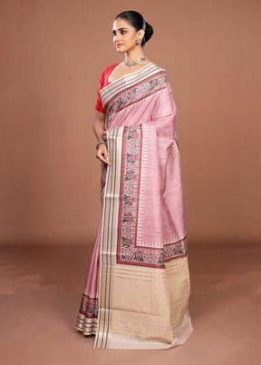 Pink Tussar Silk Saree With Blouse Piece