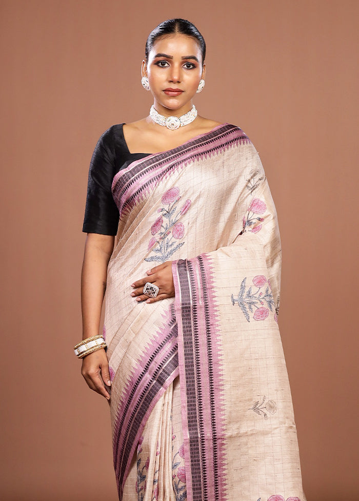 Cream Tussar Silk Saree With Blouse Piece