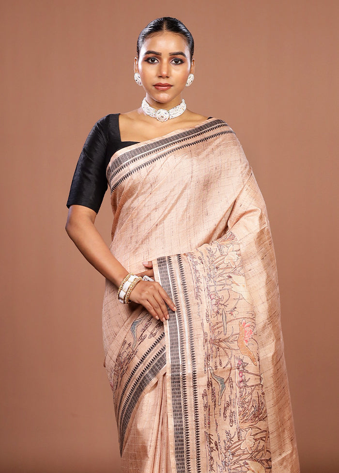 Cream Tussar Silk Saree With Blouse Piece