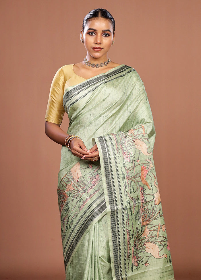Green Tussar Silk Saree With Blouse Piece
