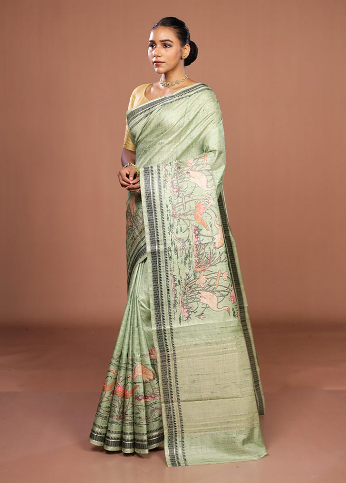 Green Tussar Silk Saree With Blouse Piece