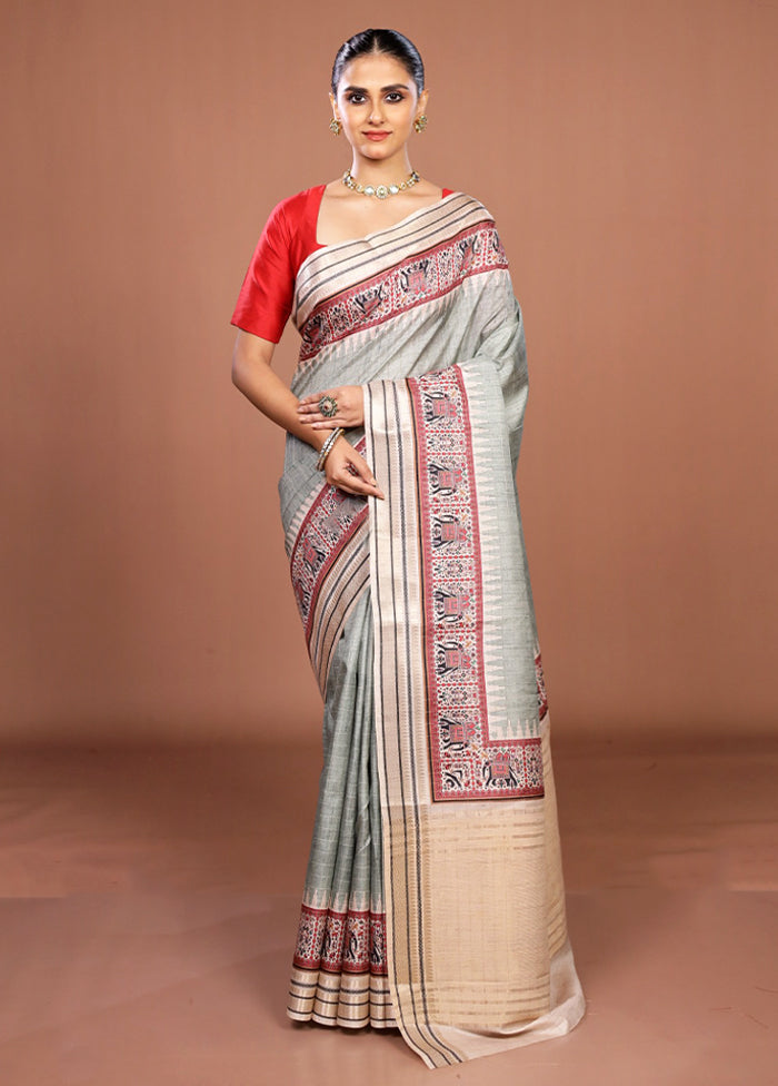 Green Tussar Silk Saree With Blouse Piece