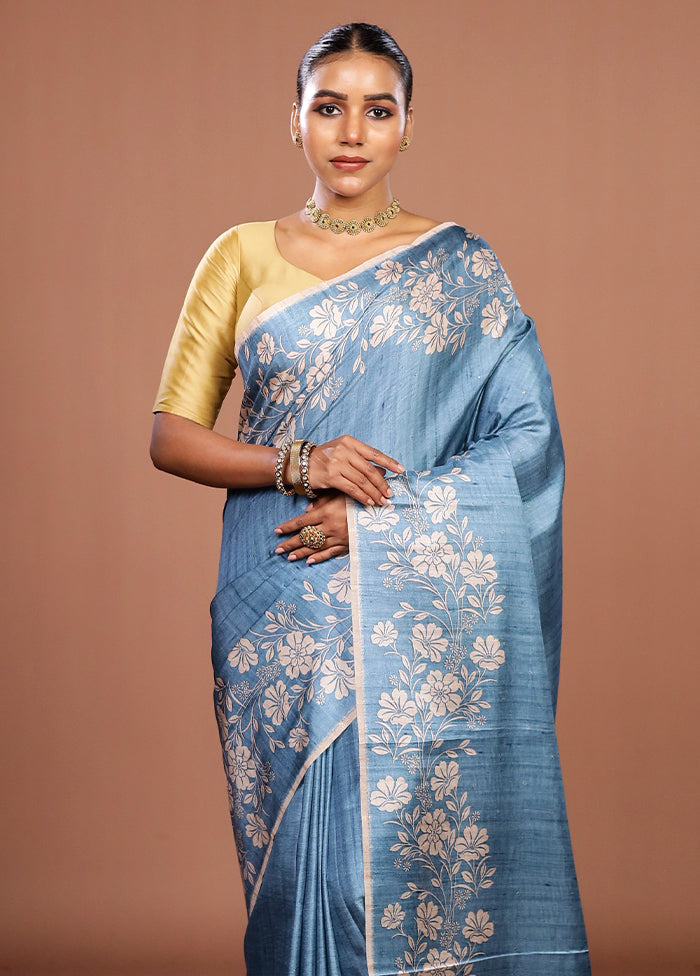 Blue Tussar Silk Saree With Blouse Piece