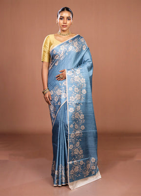 Blue Tussar Silk Saree With Blouse Piece