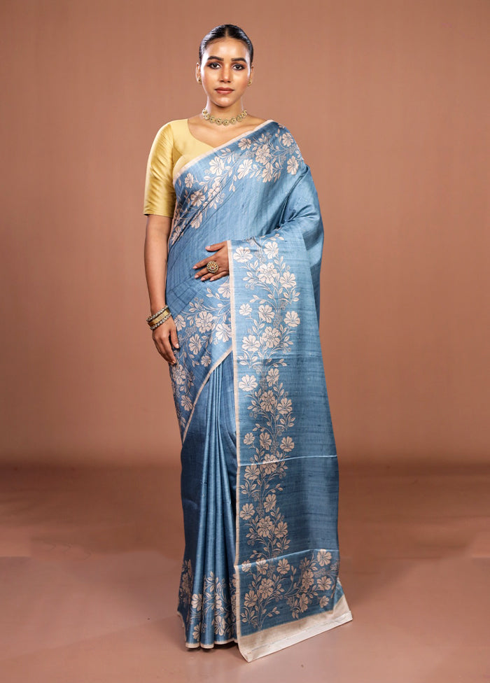 Blue Tussar Silk Saree With Blouse Piece