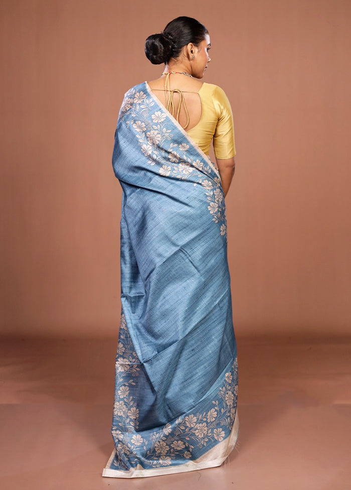 Blue Tussar Silk Saree With Blouse Piece