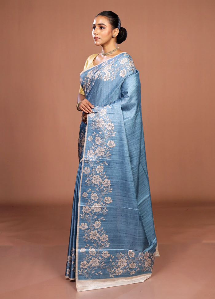 Blue Tussar Silk Saree With Blouse Piece