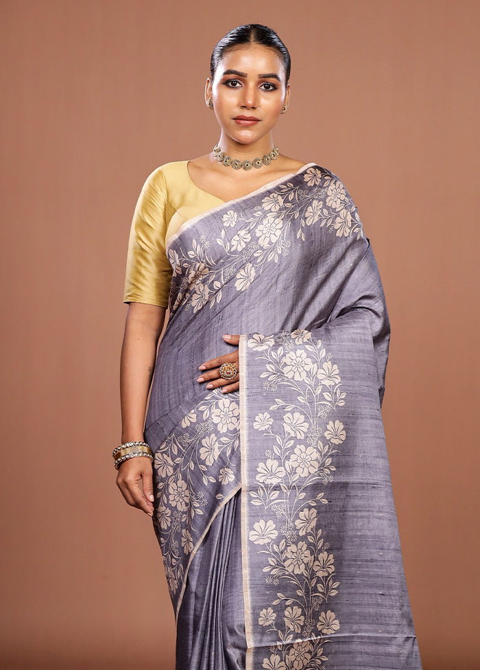 Grey Tussar Silk Saree With Blouse Piece