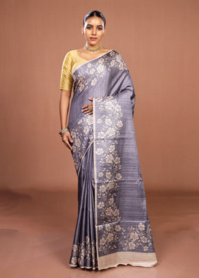 Grey Tussar Silk Saree With Blouse Piece