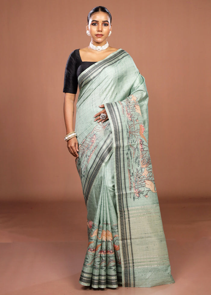 Green Tussar Silk Saree With Blouse Piece