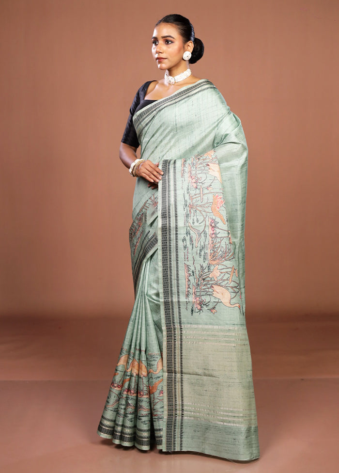 Green Tussar Silk Saree With Blouse Piece