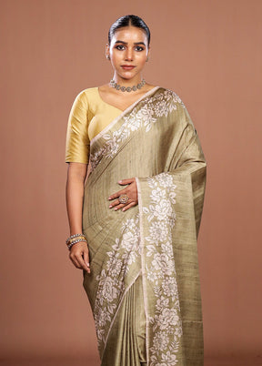 Green Tussar Silk Saree With Blouse Piece