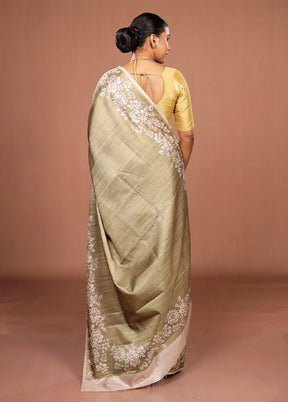 Green Tussar Silk Saree With Blouse Piece