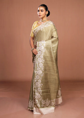 Green Tussar Silk Saree With Blouse Piece