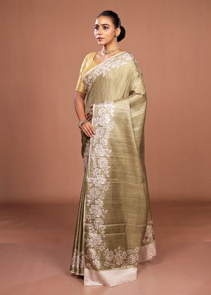 Green Tussar Silk Saree With Blouse Piece