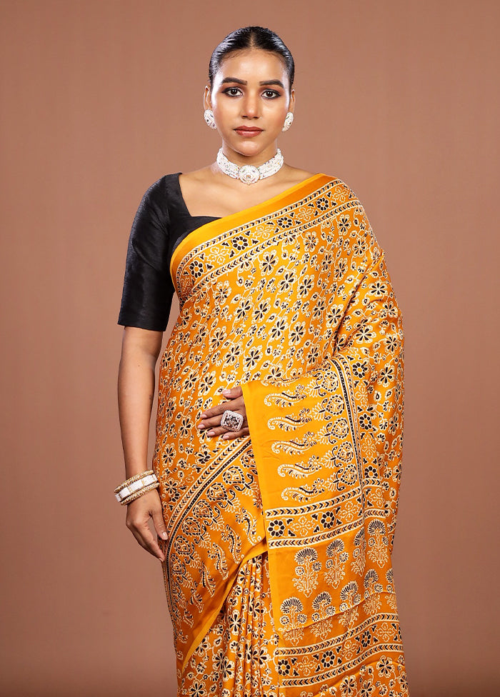 Yellow Printed Pure Silk Saree Without Blouse Piece
