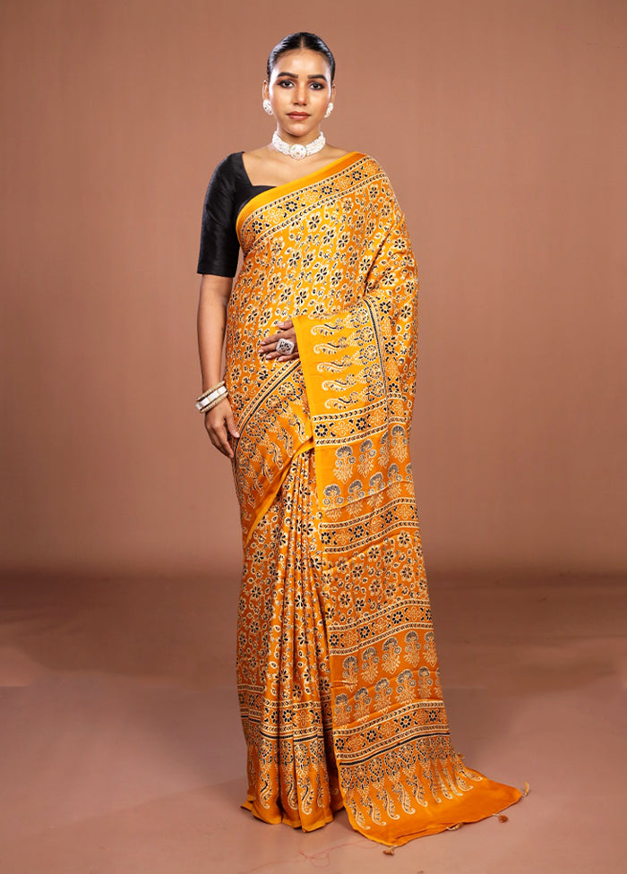Yellow Printed Pure Silk Saree Without Blouse Piece