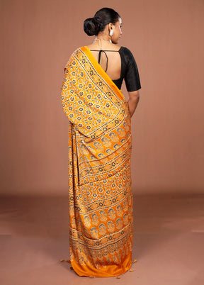 Yellow Printed Pure Silk Saree Without Blouse Piece