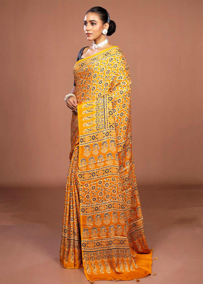 Yellow Printed Pure Silk Saree Without Blouse Piece