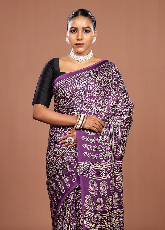 Purple Printed Pure Silk Saree Without Blouse Piece