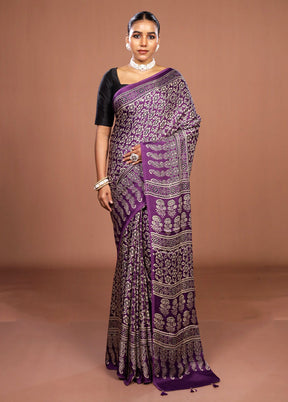 Purple Printed Pure Silk Saree Without Blouse Piece