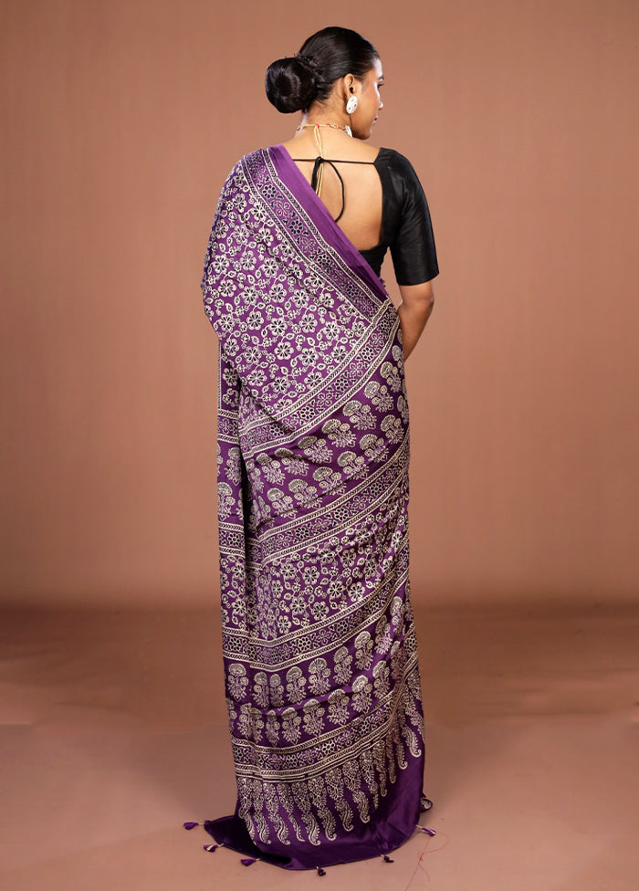 Purple Printed Pure Silk Saree Without Blouse Piece