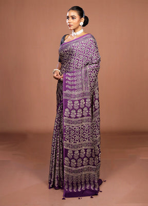 Purple Printed Pure Silk Saree Without Blouse Piece