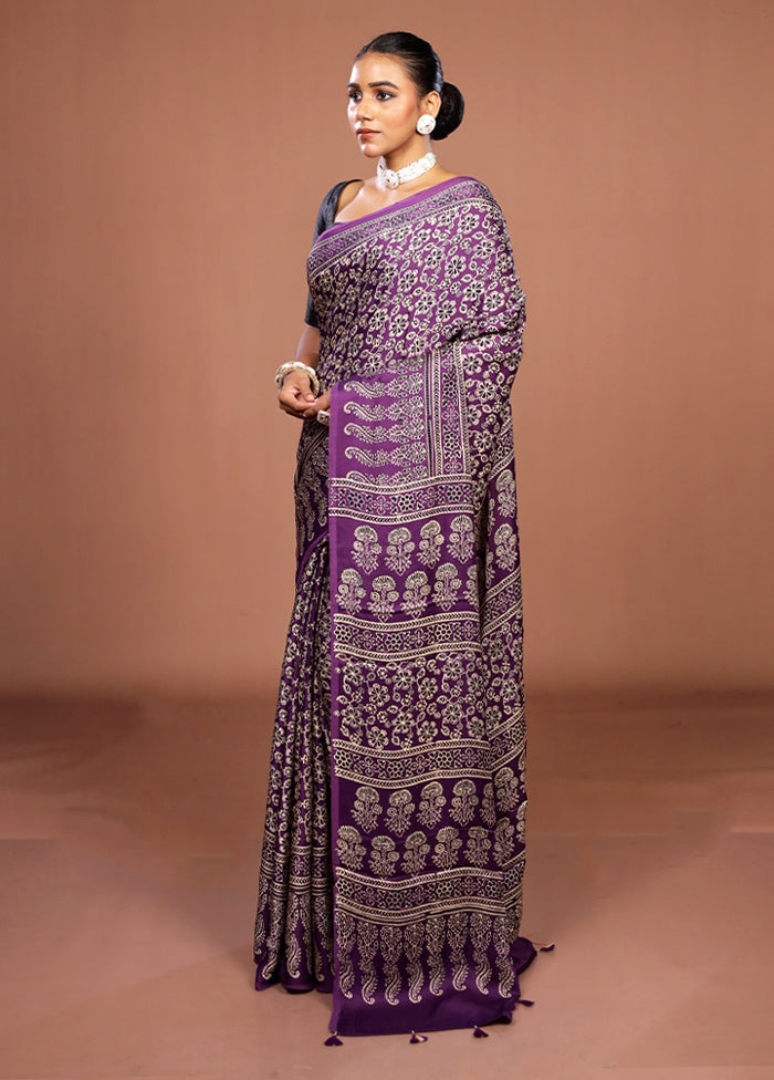 Purple Printed Pure Silk Saree Without Blouse Piece