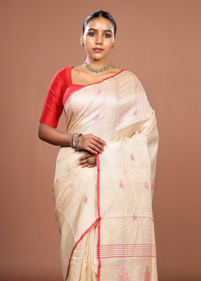 Cream Handloom Tussar Pure Silk Saree With Blouse Piece