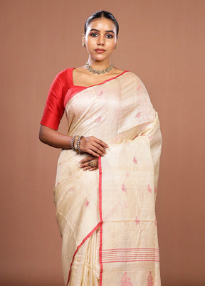 Cream Handloom Tussar Pure Silk Saree With Blouse Piece