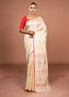 Cream Handloom Tussar Pure Silk Saree With Blouse Piece